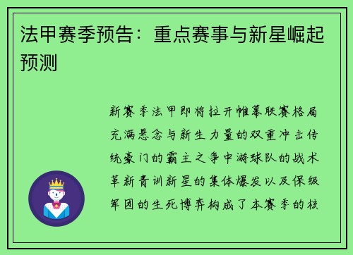 法甲赛季预告：重点赛事与新星崛起预测